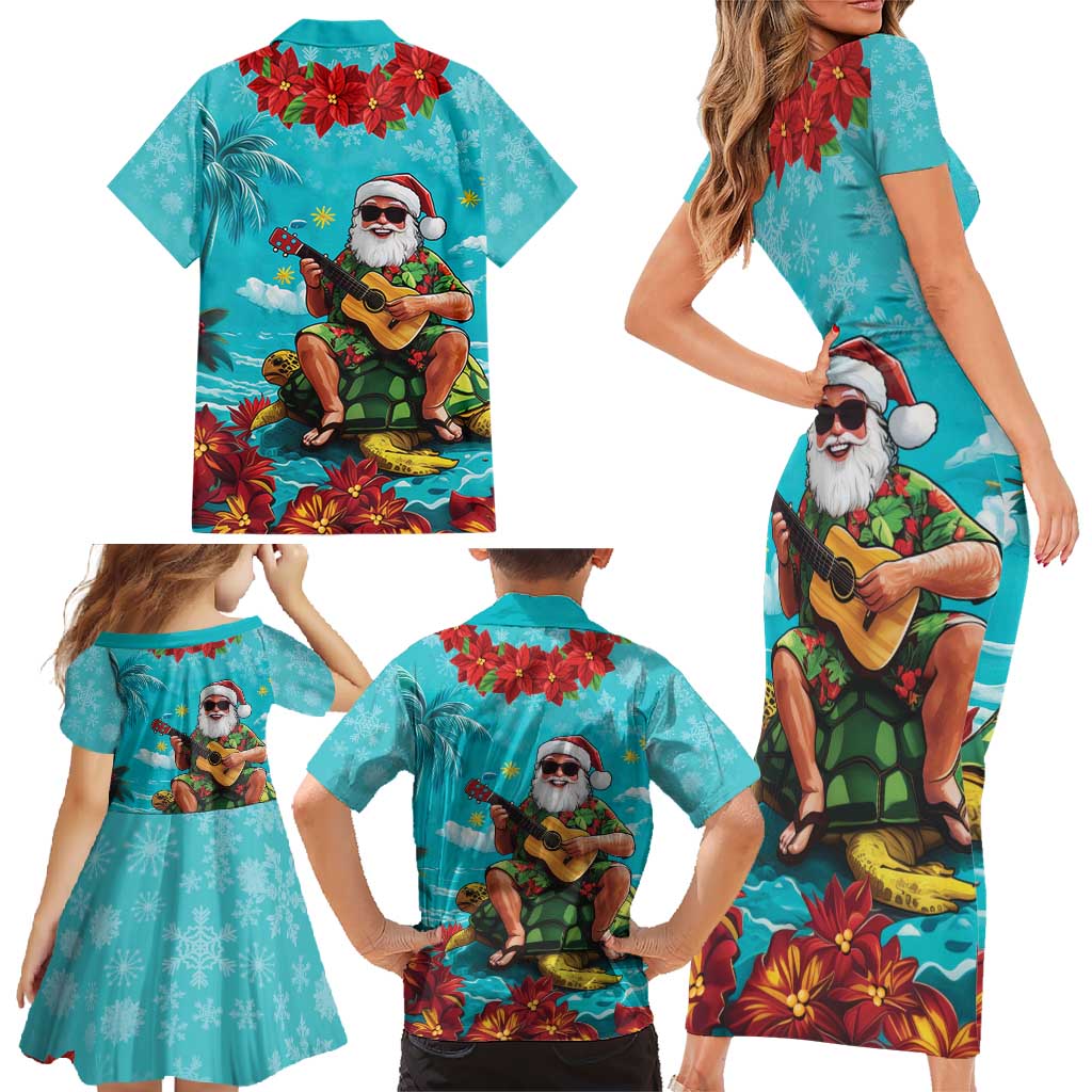 Hawaii Christmas Family Matching Short Sleeve Bodycon Dress and Hawaiian Shirt Mele Kalikimaka Poinsettia Lei - Cyan LT14 - Polynesian Pride