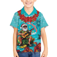 Hawaii Christmas Family Matching Short Sleeve Bodycon Dress and Hawaiian Shirt Mele Kalikimaka Poinsettia Lei - Cyan LT14 Son's Shirt Cyan - Polynesian Pride