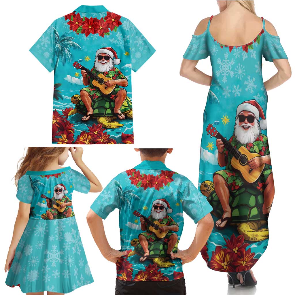 Hawaii Christmas Family Matching Summer Maxi Dress and Hawaiian Shirt Mele Kalikimaka Poinsettia Lei - Cyan LT14 - Polynesian Pride