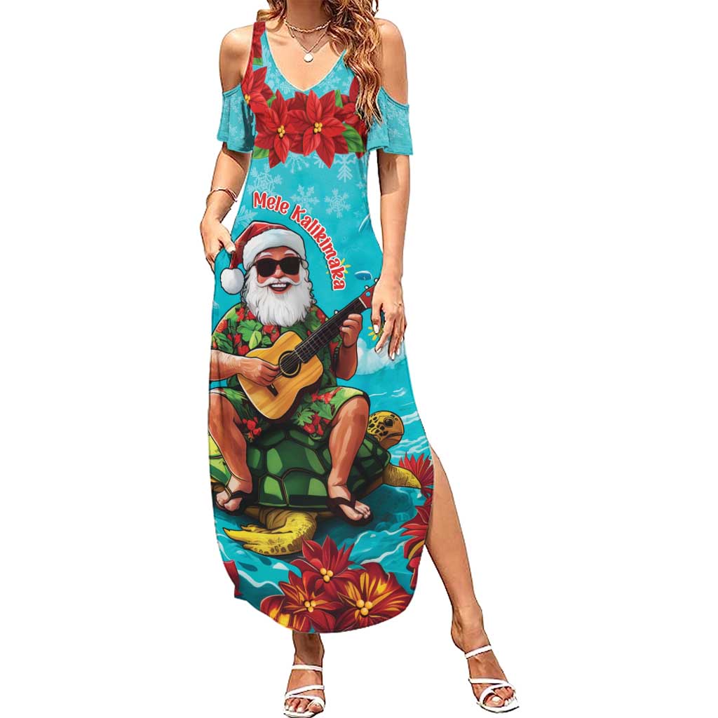 Hawaii Christmas Family Matching Summer Maxi Dress and Hawaiian Shirt Mele Kalikimaka Poinsettia Lei - Cyan LT14 Mom's Dress Cyan - Polynesian Pride