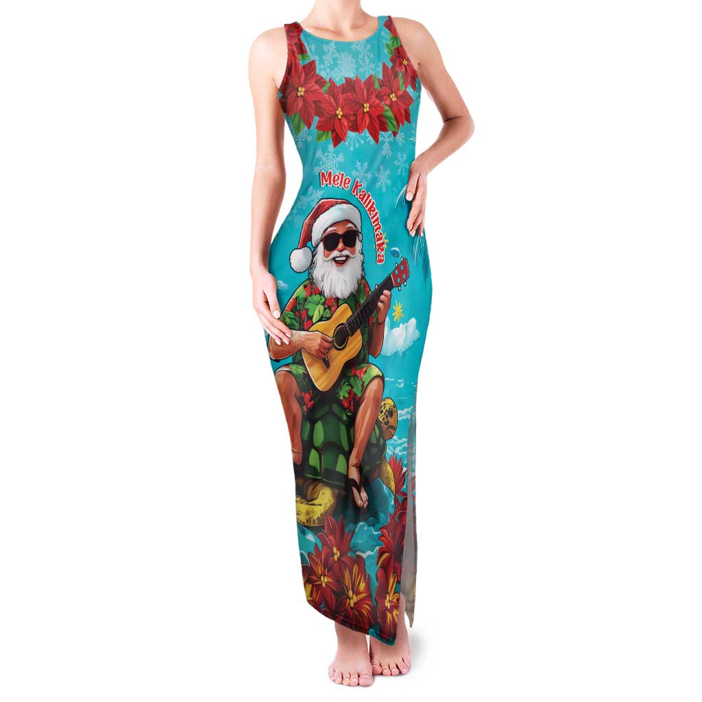 Hawaii Christmas Family Matching Tank Maxi Dress and Hawaiian Shirt Mele Kalikimaka Poinsettia Lei - Cyan LT14 Mom's Dress Cyan - Polynesian Pride