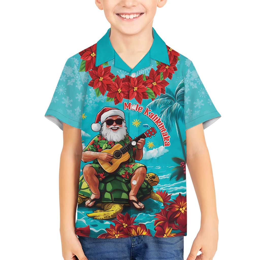 Hawaii Christmas Family Matching Tank Maxi Dress and Hawaiian Shirt Mele Kalikimaka Poinsettia Lei - Cyan LT14 Son's Shirt Cyan - Polynesian Pride