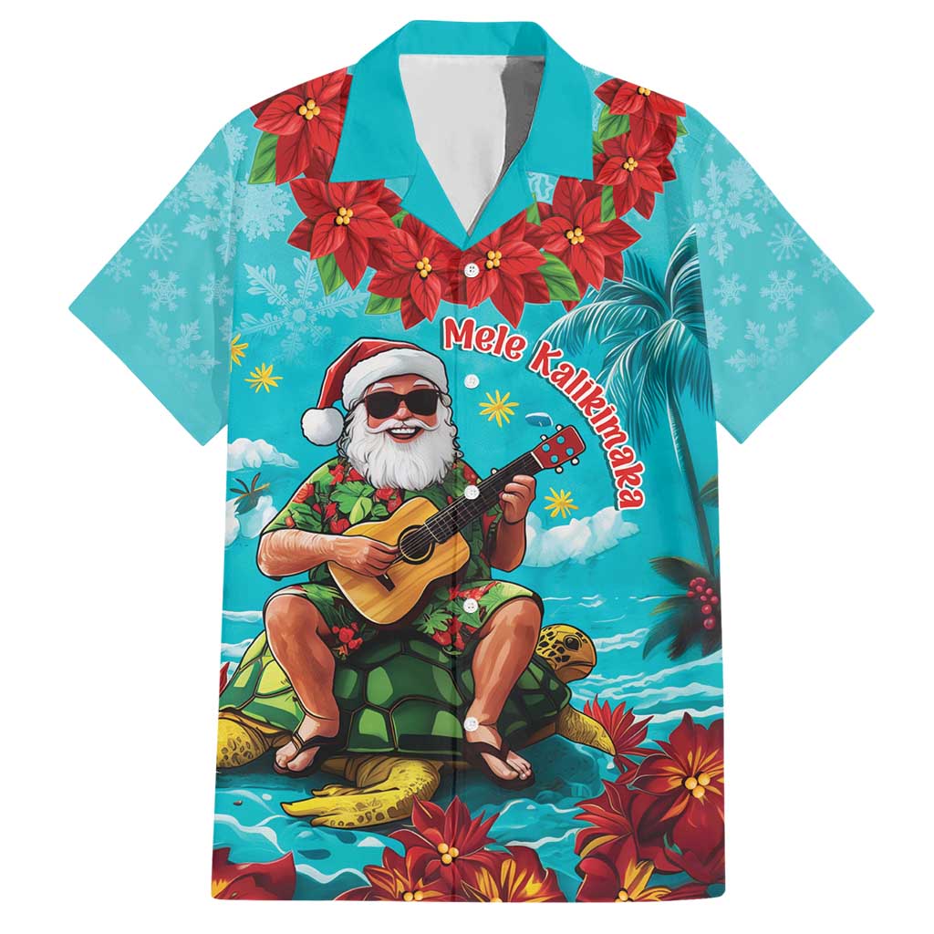 Hawaii Christmas Hawaiian Shirt Mele Kalikimaka Poinsettia Lei - Cyan