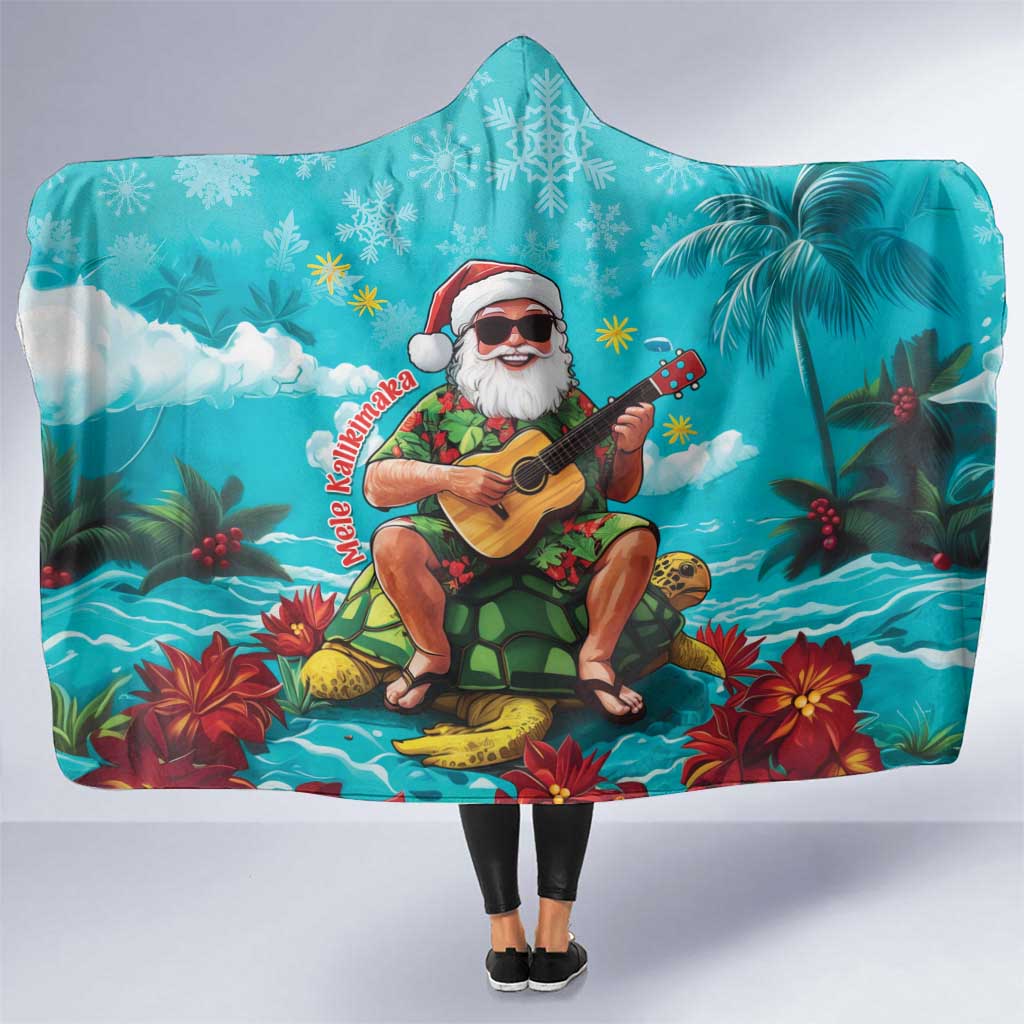 Hawaii Christmas Hooded Blanket Mele Kalikimaka Poinsettia Lei - Cyan