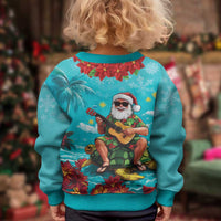 Hawaii Christmas Kid Ugly Christmas Sweater Mele Kalikimaka Poinsettia Lei - Cyan LT14 - Polynesian Pride