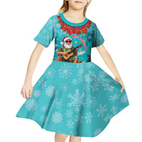 Hawaii Christmas Kid Short Sleeve Dress Mele Kalikimaka Poinsettia Lei - Cyan LT14 - Polynesian Pride