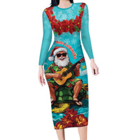 Hawaii Christmas Long Sleeve Bodycon Dress Mele Kalikimaka Poinsettia Lei - Cyan LT14 Long Dress Cyan - Polynesian Pride