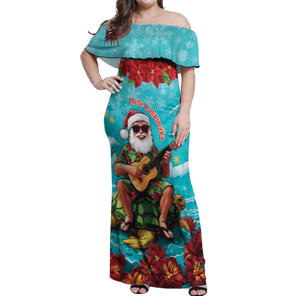 Hawaii Christmas Off Shoulder Maxi Dress Mele Kalikimaka Poinsettia Lei - Cyan LT14 Women Cyan - Polynesian Pride