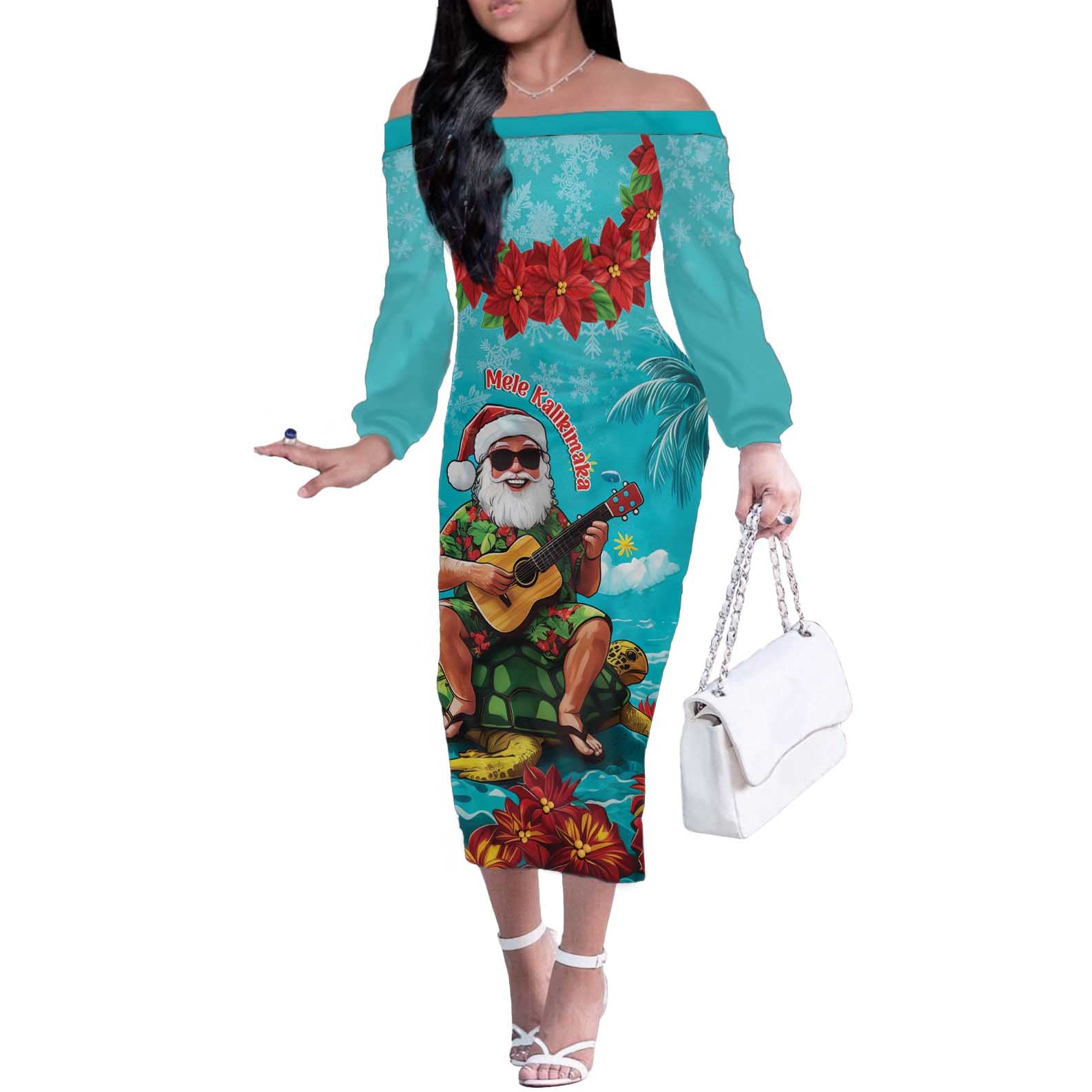 Hawaii Christmas Off The Shoulder Long Sleeve Dress Mele Kalikimaka Poinsettia Lei - Cyan