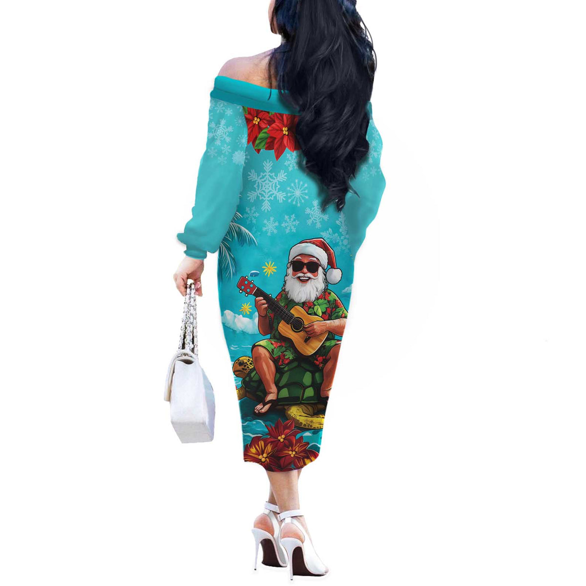 Hawaii Christmas Off The Shoulder Long Sleeve Dress Mele Kalikimaka Poinsettia Lei - Cyan LT14 - Polynesian Pride