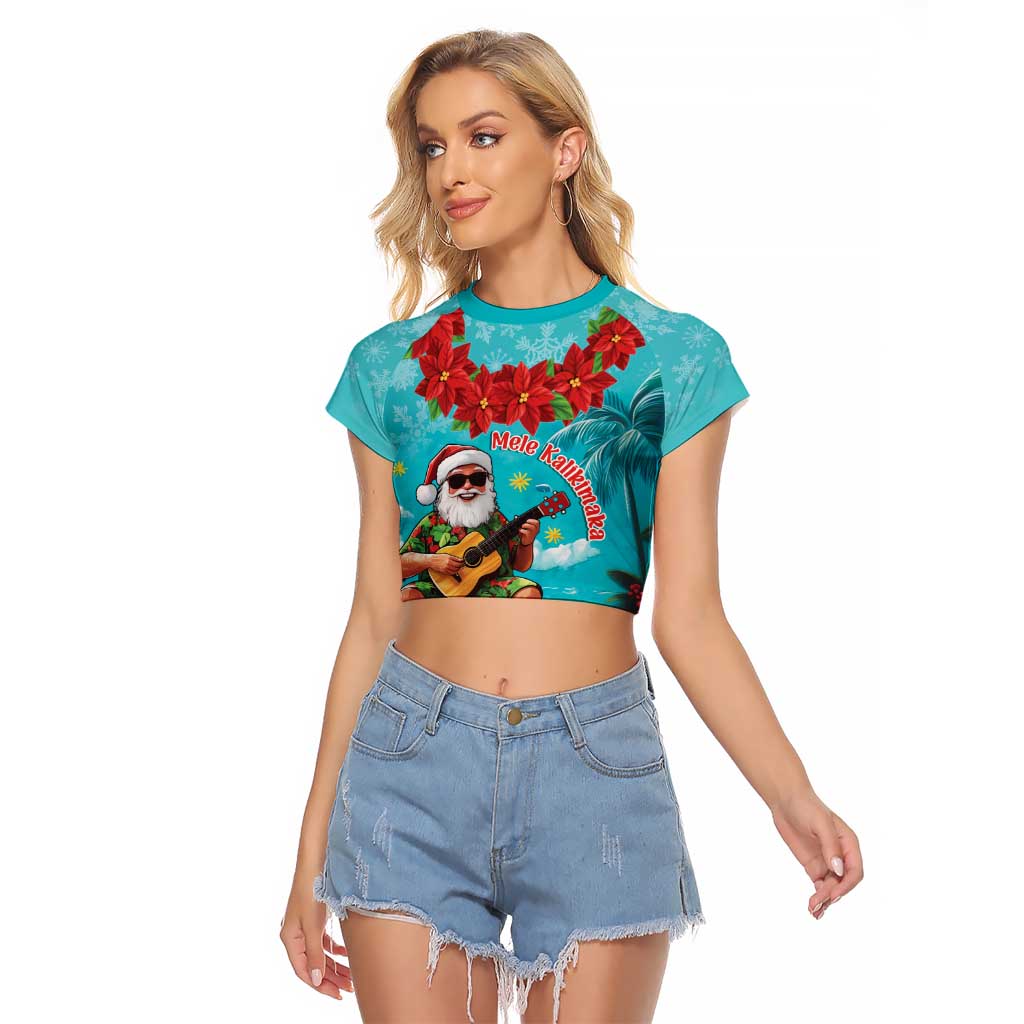 Hawaii Christmas Raglan Cropped T Shirt Mele Kalikimaka Poinsettia Lei - Cyan LT14 Female Cyan - Polynesian Pride