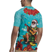Hawaii Christmas Rugby Jersey Mele Kalikimaka Poinsettia Lei - Cyan