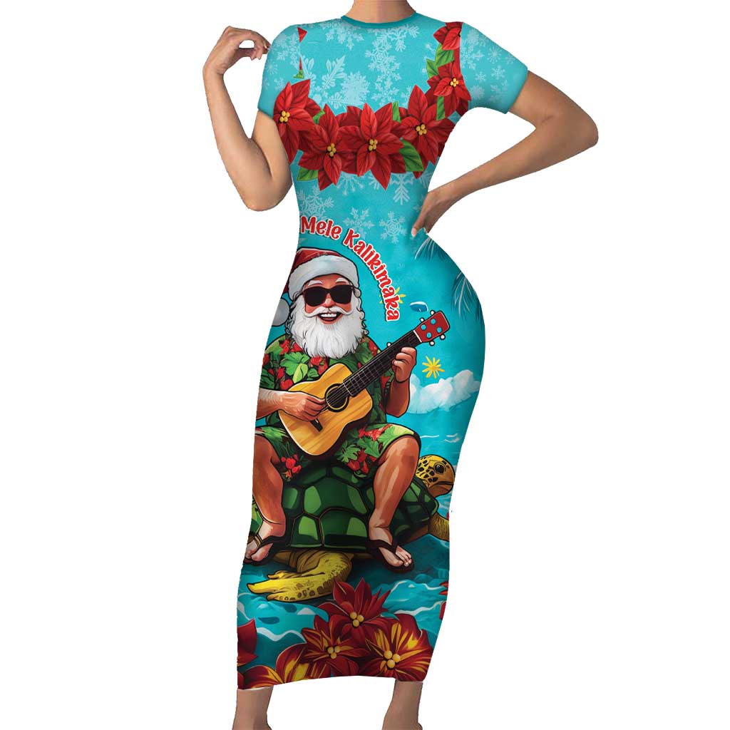 Hawaii Christmas Short Sleeve Bodycon Dress Mele Kalikimaka Poinsettia Lei - Cyan LT14 Long Dress Cyan - Polynesian Pride