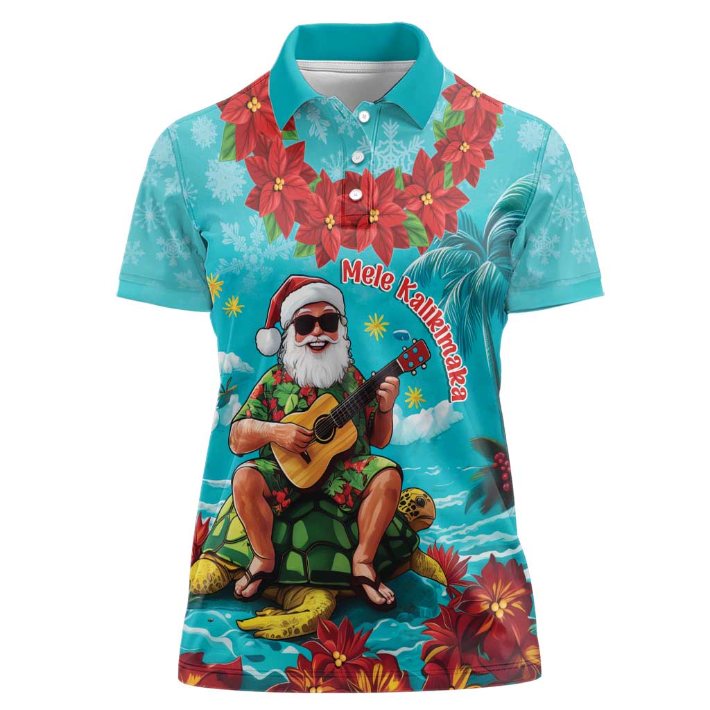 Hawaii Christmas Women Polo Shirt Mele Kalikimaka Poinsettia Lei - Cyan