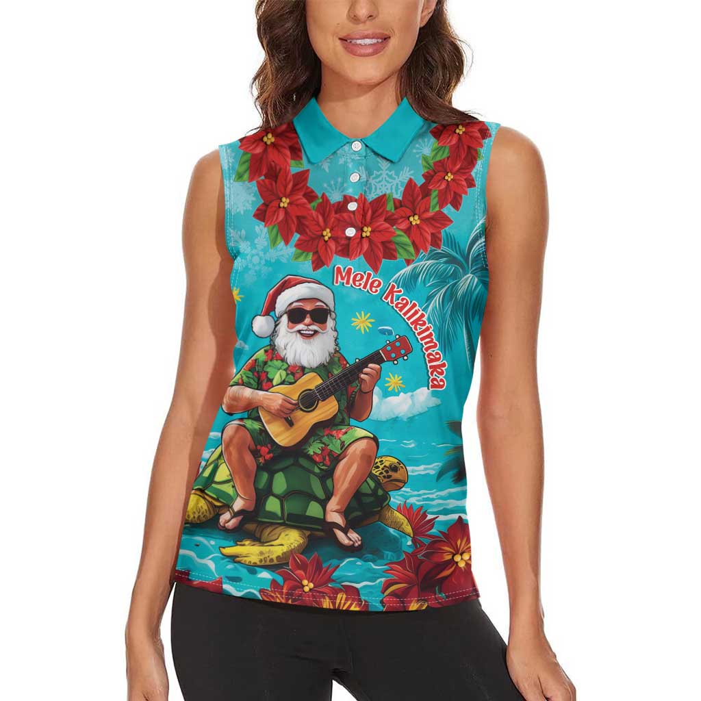 Hawaii Christmas Women Sleeveless Polo Shirt Mele Kalikimaka Poinsettia Lei - Cyan