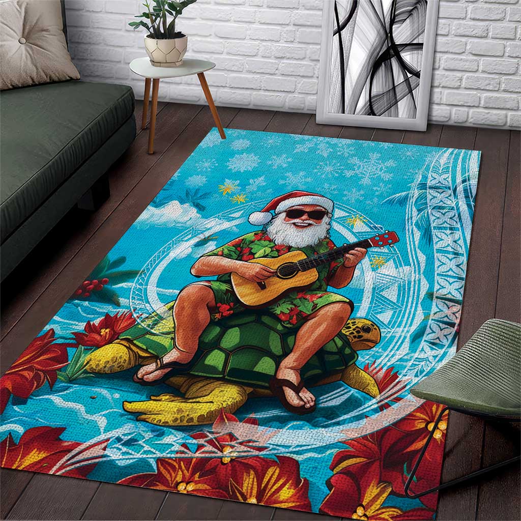 Hawaii Christmas Area Rug Mele Kalikimaka Poinsettia Lei Polynesian - Blue