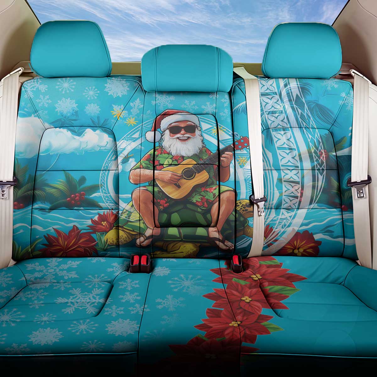 Hawaii Christmas Back Car Seat Cover Mele Kalikimaka Poinsettia Lei Polynesian - Blue