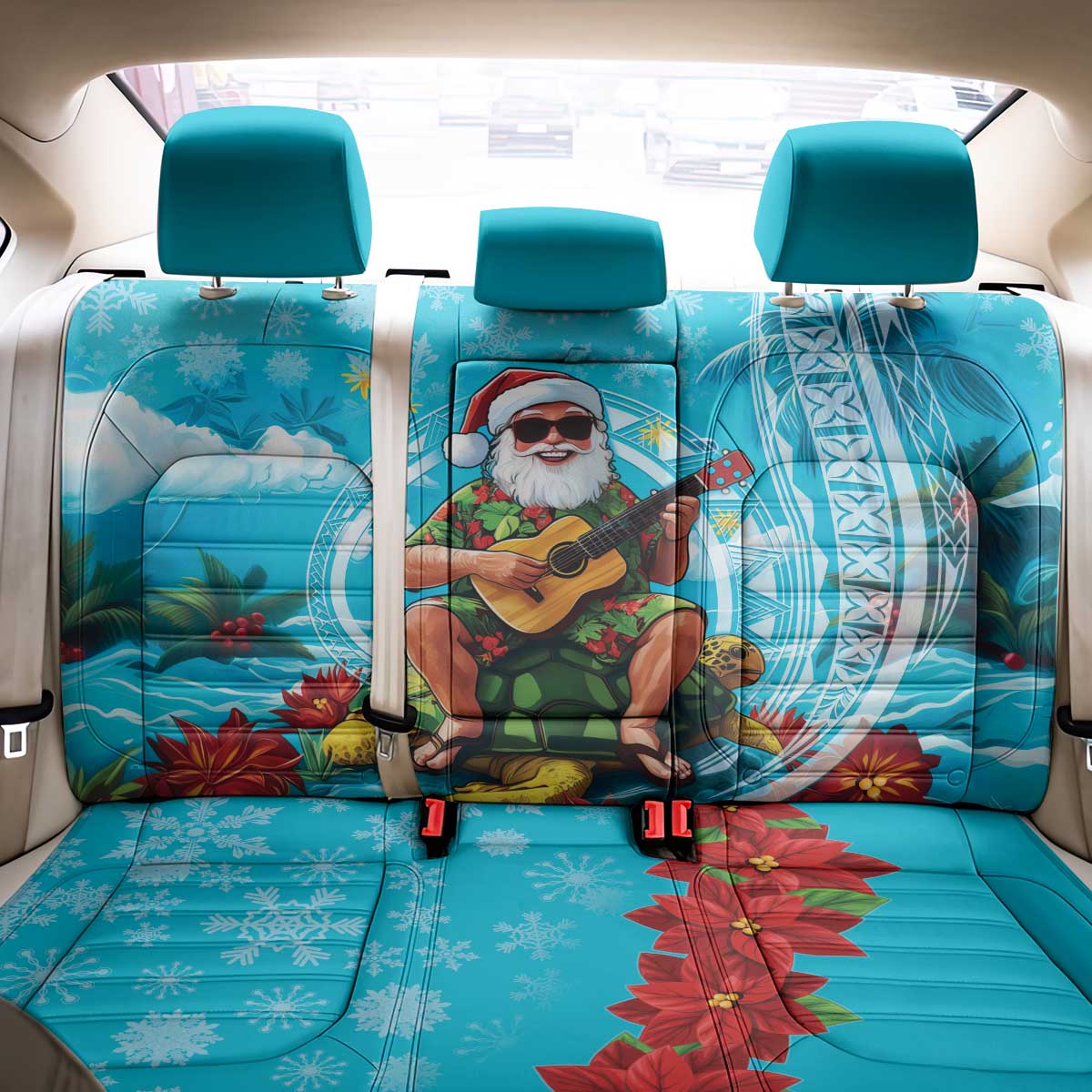 Hawaii Christmas Back Car Seat Cover Mele Kalikimaka Poinsettia Lei Polynesian - Blue LT14 - Polynesian Pride