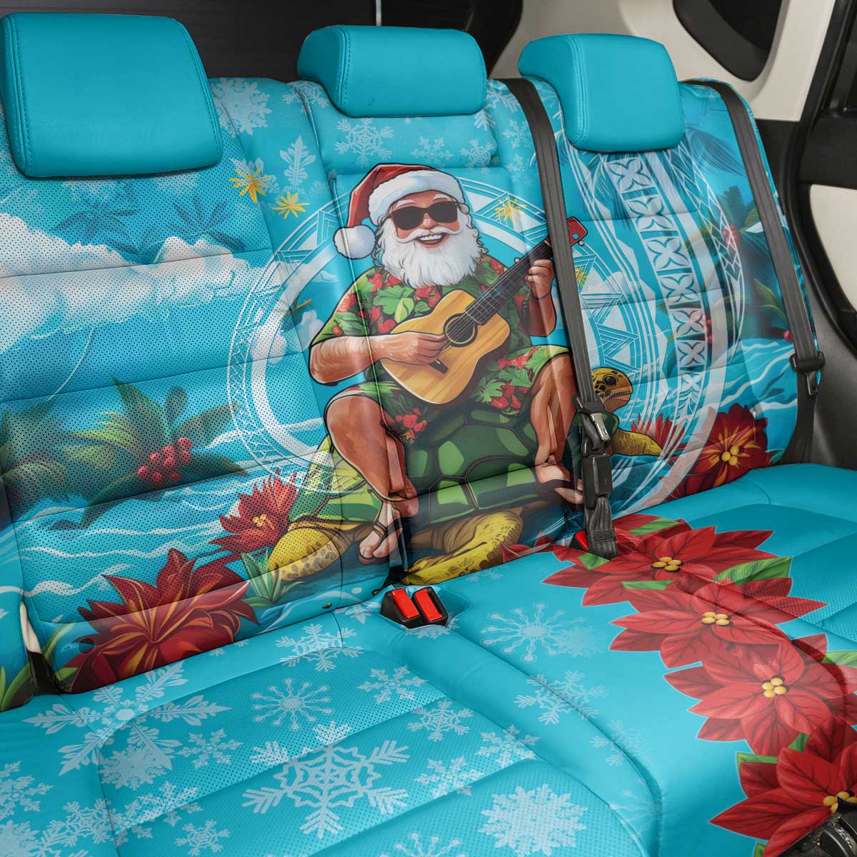 Hawaii Christmas Back Car Seat Cover Mele Kalikimaka Poinsettia Lei Polynesian - Blue LT14 - Polynesian Pride