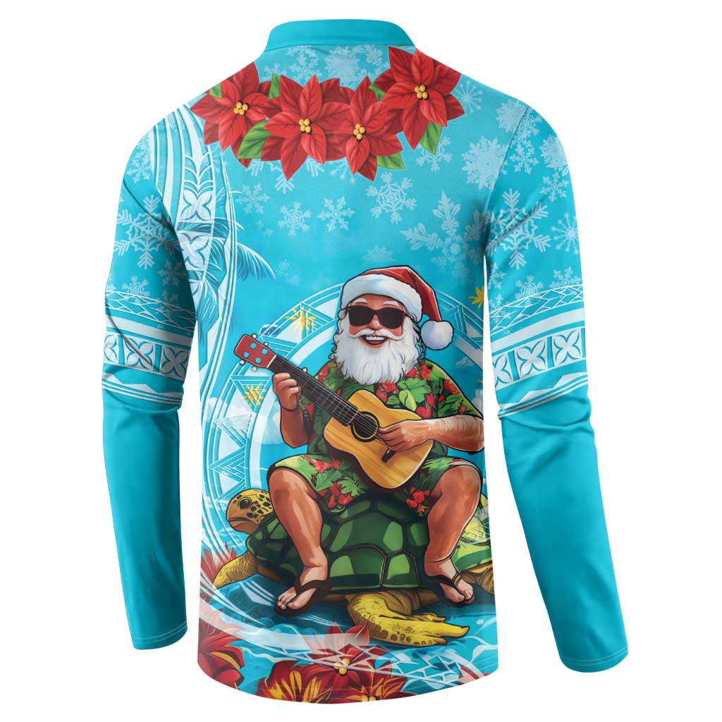 Hawaii Christmas Button Sweatshirt Mele Kalikimaka Poinsettia Lei Polynesian - Blue