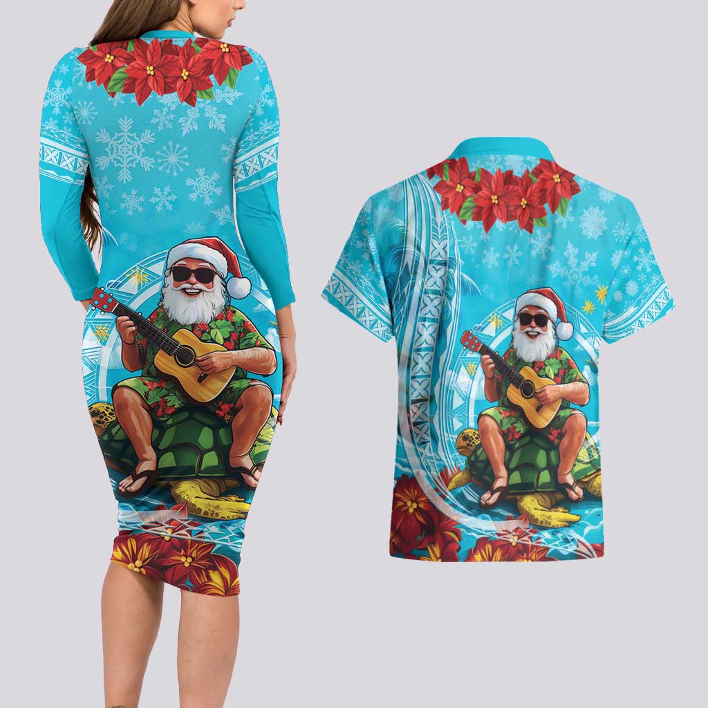 Hawaii Christmas Couples Matching Long Sleeve Bodycon Dress and Hawaiian Shirt Mele Kalikimaka Poinsettia Lei Polynesian - Blue LT14 - Polynesian Pride