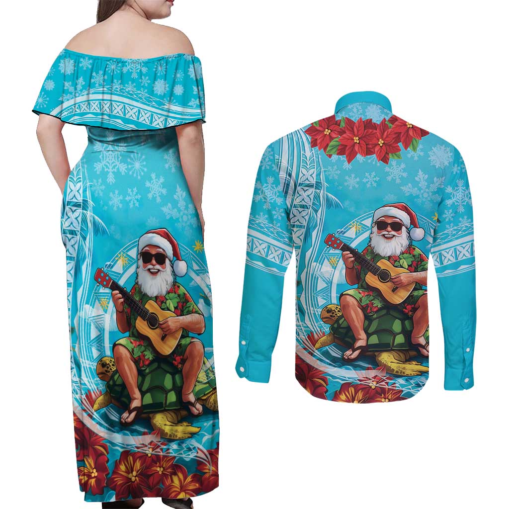 Hawaii Christmas Couples Matching Off Shoulder Maxi Dress and Long Sleeve Button Shirt Mele Kalikimaka Poinsettia Lei Polynesian - Blue LT14 - Polynesian Pride
