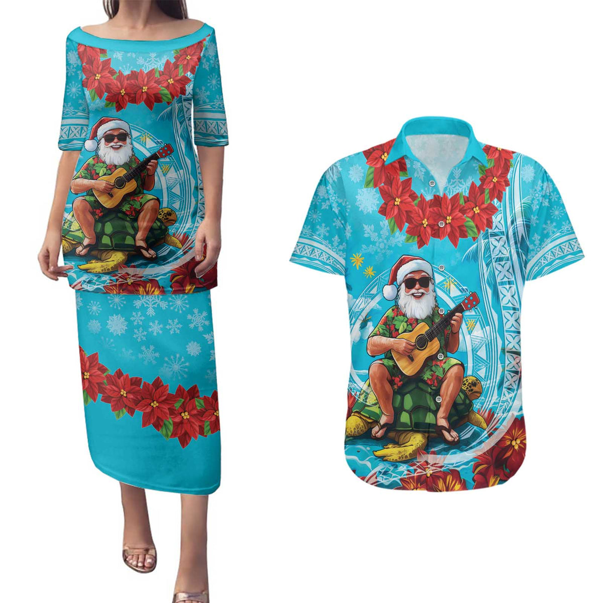 Hawaii Christmas Couples Matching Puletasi and Hawaiian Shirt Mele Kalikimaka Poinsettia Lei Polynesian - Blue LT14 Blue - Polynesian Pride