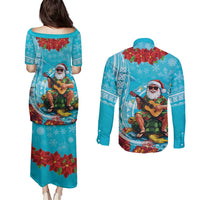 Hawaii Christmas Couples Matching Puletasi and Long Sleeve Button Shirt Mele Kalikimaka Poinsettia Lei Polynesian - Blue LT14 - Polynesian Pride