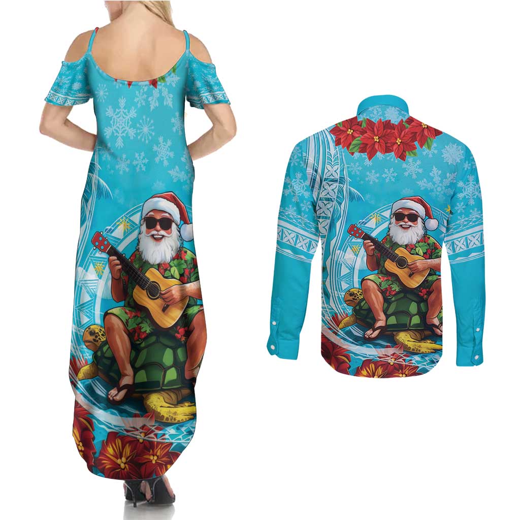 Hawaii Christmas Couples Matching Summer Maxi Dress and Long Sleeve Button Shirt Mele Kalikimaka Poinsettia Lei Polynesian - Blue LT14 - Polynesian Pride