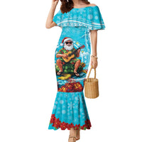 Hawaii Christmas Family Matching Mermaid Dress and Hawaiian Shirt Mele Kalikimaka Poinsettia Lei Polynesian - Blue LT14 Mom's Dress Blue - Polynesian Pride