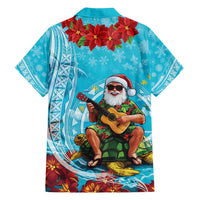 Hawaii Christmas Family Matching Off Shoulder Maxi Dress and Hawaiian Shirt Mele Kalikimaka Poinsettia Lei Polynesian - Blue