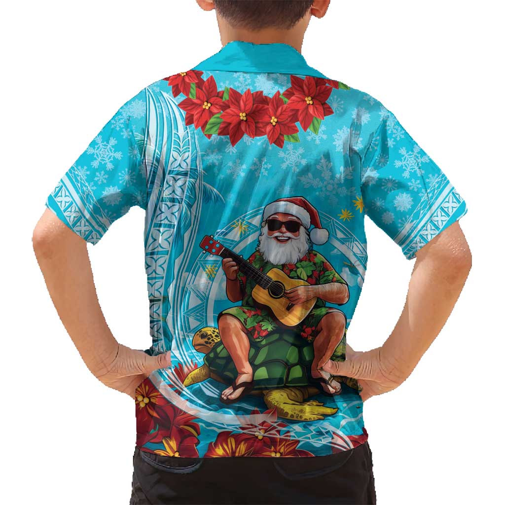 Hawaii Christmas Family Matching Off Shoulder Short Dress and Hawaiian Shirt Mele Kalikimaka Poinsettia Lei Polynesian - Blue LT14 - Polynesian Pride