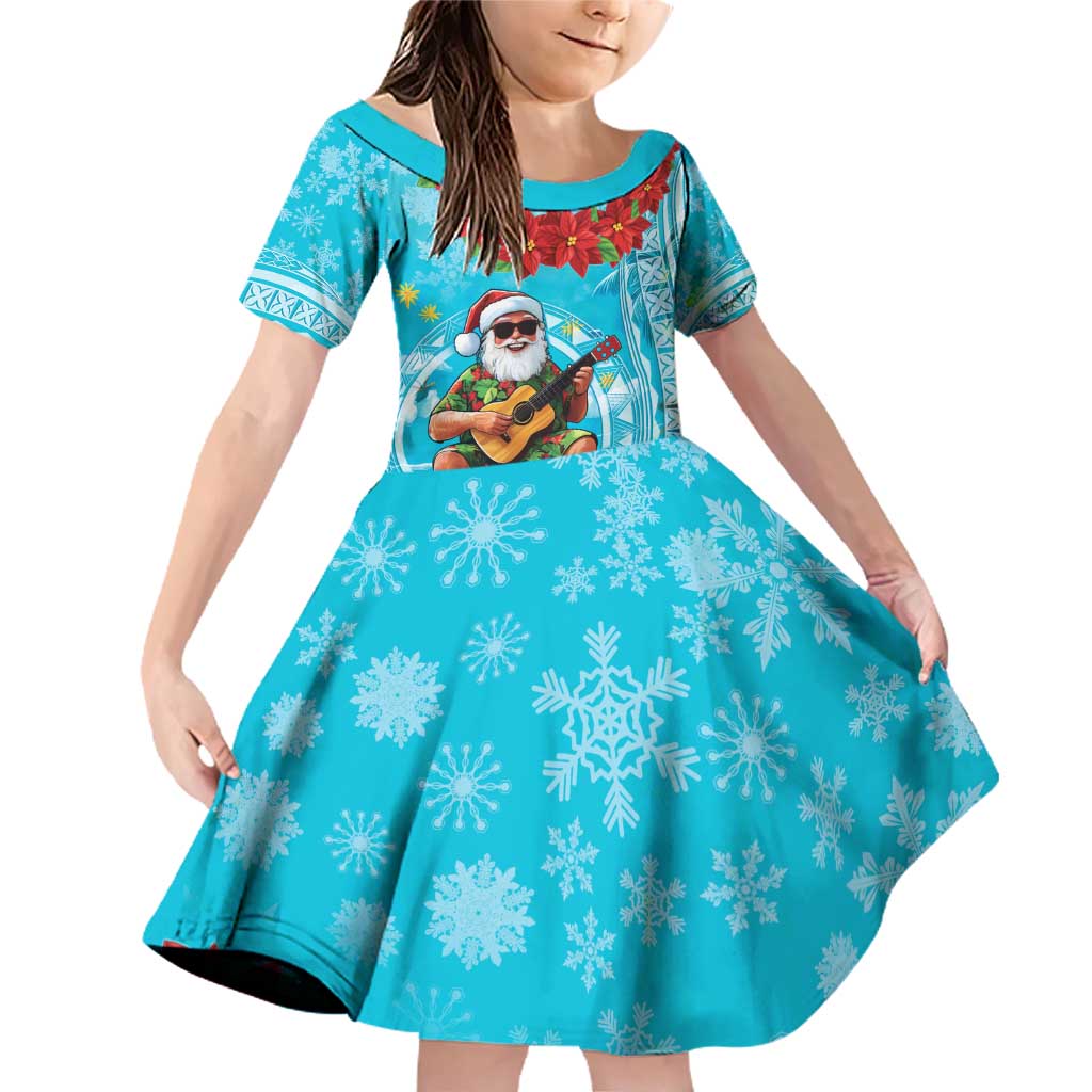 Hawaii Christmas Family Matching Off Shoulder Short Dress and Hawaiian Shirt Mele Kalikimaka Poinsettia Lei Polynesian - Blue LT14 Daughter's Dress Blue - Polynesian Pride