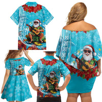 Hawaii Christmas Family Matching Off Shoulder Short Dress and Hawaiian Shirt Mele Kalikimaka Poinsettia Lei Polynesian - Blue LT14 - Polynesian Pride