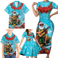 Hawaii Christmas Family Matching Short Sleeve Bodycon Dress and Hawaiian Shirt Mele Kalikimaka Poinsettia Lei Polynesian - Blue LT14 - Polynesian Pride