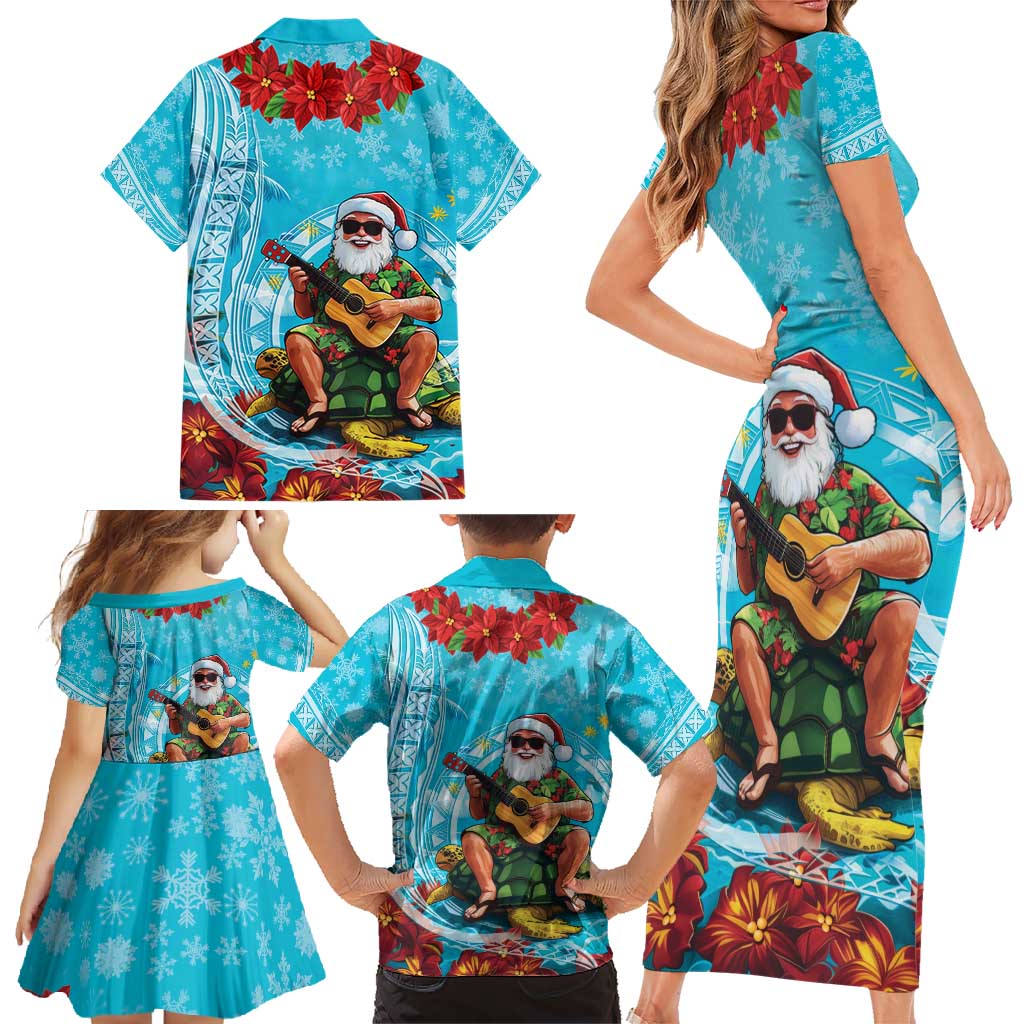 Hawaii Christmas Family Matching Short Sleeve Bodycon Dress and Hawaiian Shirt Mele Kalikimaka Poinsettia Lei Polynesian - Blue LT14 - Polynesian Pride