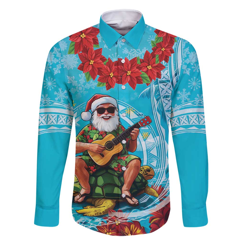 Hawaii Christmas Family Matching Tank Maxi Dress and Hawaiian Shirt Mele Kalikimaka Poinsettia Lei Polynesian - Blue LT14 Dad's Shirt - Long Sleeve Blue - Polynesian Pride