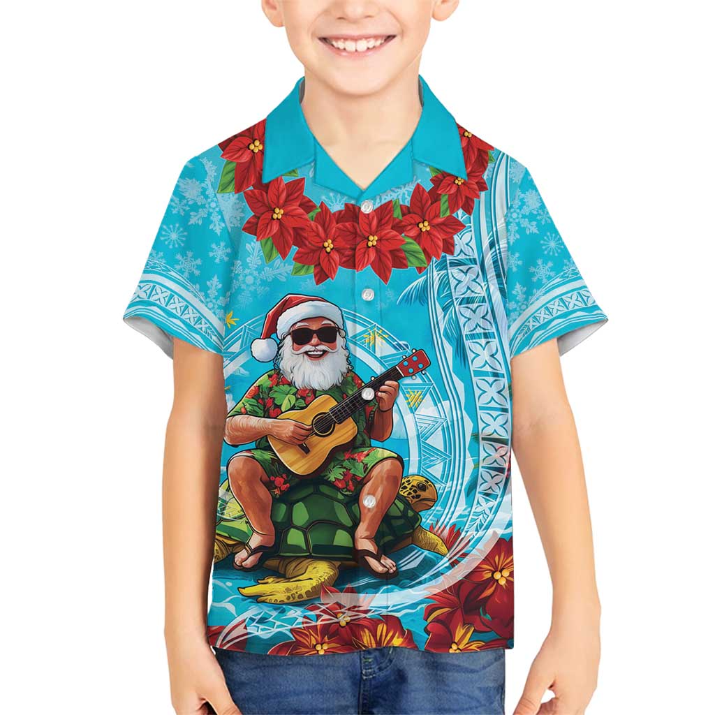 Hawaii Christmas Family Matching Tank Maxi Dress and Hawaiian Shirt Mele Kalikimaka Poinsettia Lei Polynesian - Blue LT14 Son's Shirt Blue - Polynesian Pride