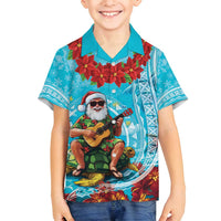 Hawaii Christmas Family Matching Tank Maxi Dress and Hawaiian Shirt Mele Kalikimaka Poinsettia Lei Polynesian - Blue LT14 Son's Shirt Blue - Polynesian Pride