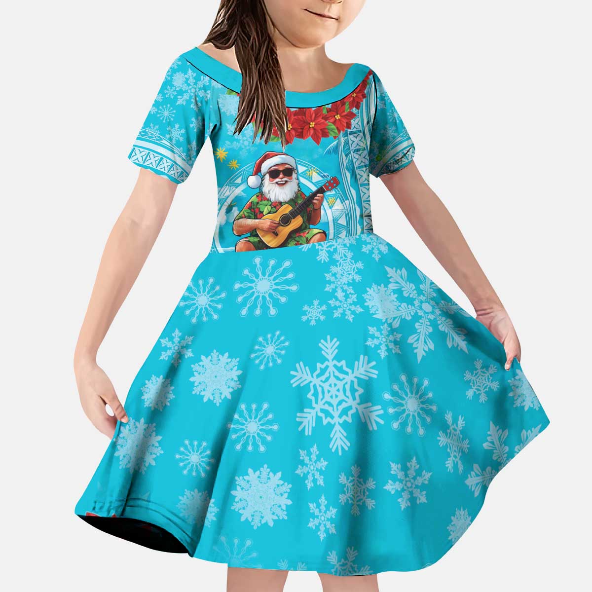Hawaii Christmas Kid Short Sleeve Dress Mele Kalikimaka Poinsettia Lei Polynesian - Blue
