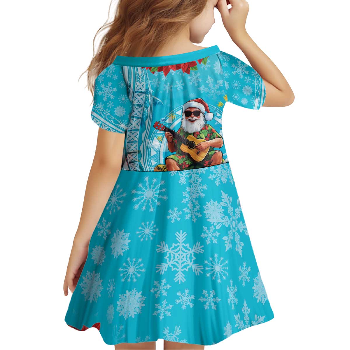 Hawaii Christmas Kid Short Sleeve Dress Mele Kalikimaka Poinsettia Lei Polynesian - Blue LT14 - Polynesian Pride
