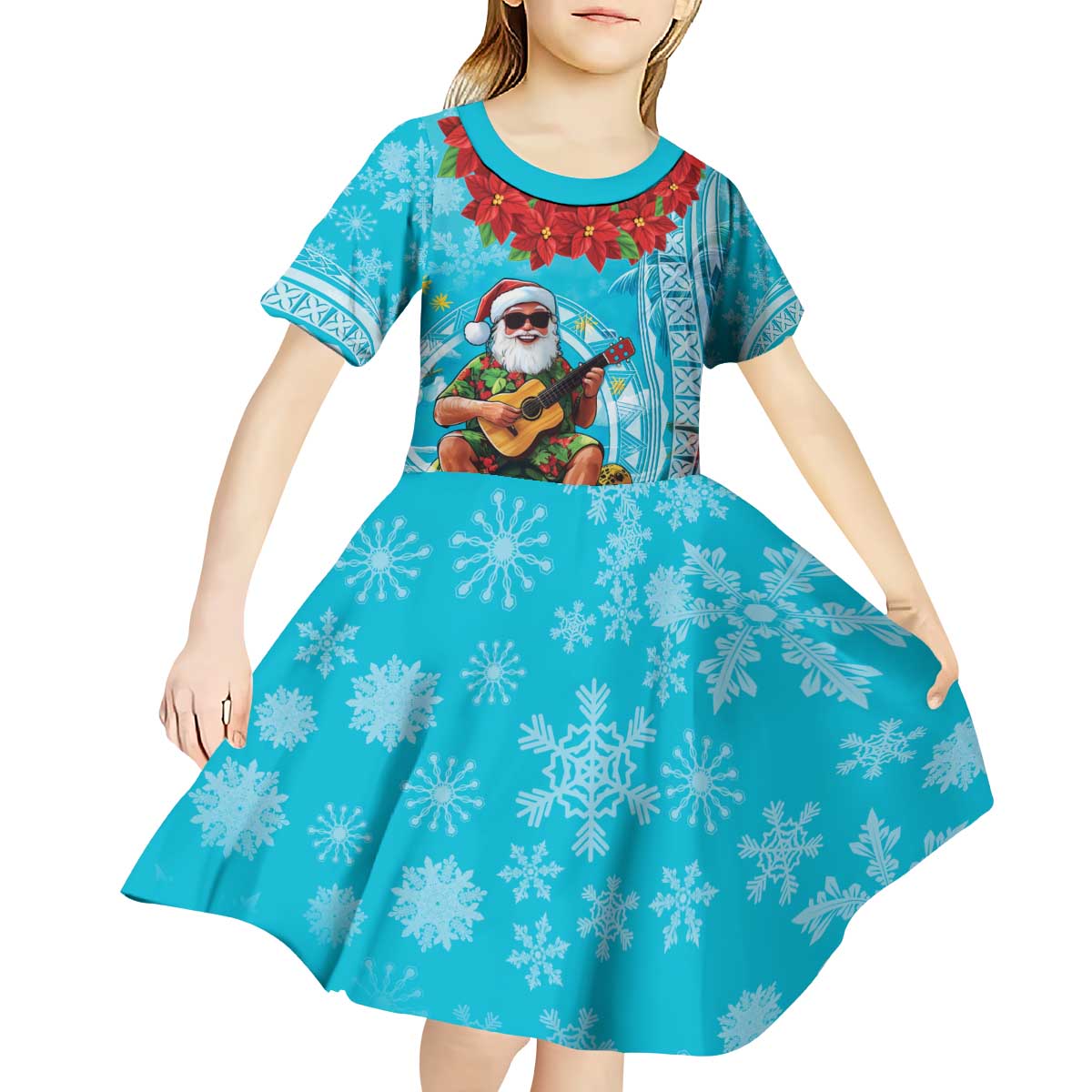 Hawaii Christmas Kid Short Sleeve Dress Mele Kalikimaka Poinsettia Lei Polynesian - Blue LT14 - Polynesian Pride