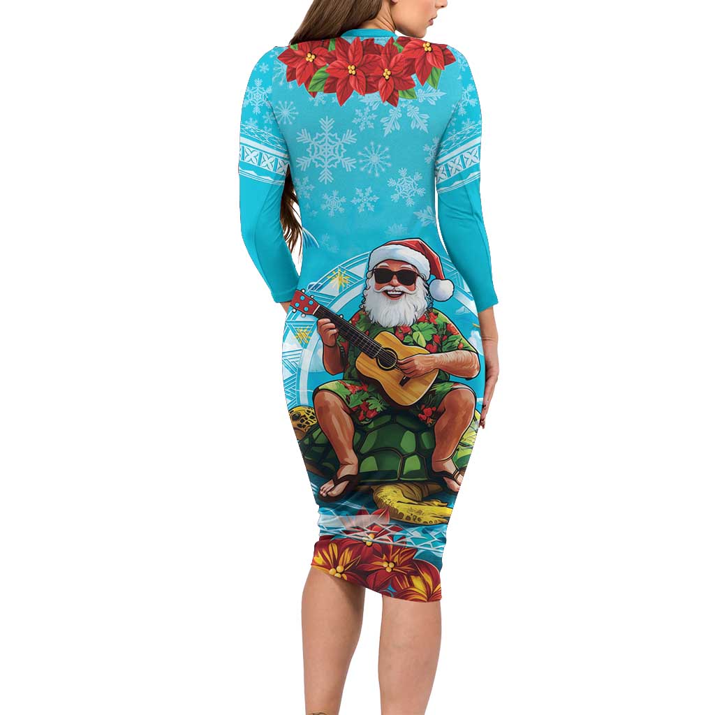 Hawaii Christmas Long Sleeve Bodycon Dress Mele Kalikimaka Poinsettia Lei Polynesian - Blue LT14 - Polynesian Pride