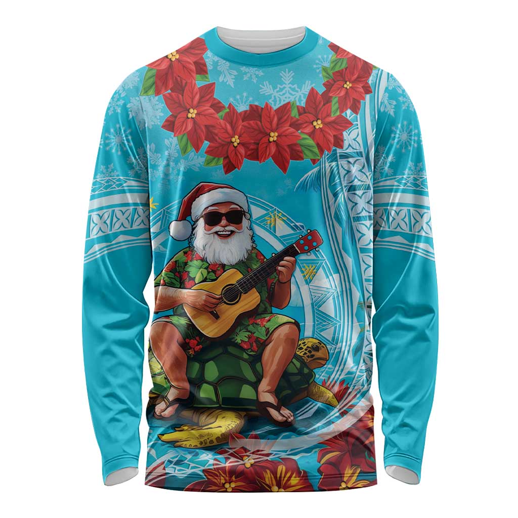 Hawaii Christmas Long Sleeve Shirt Mele Kalikimaka Poinsettia Lei Polynesian - Blue LT14 Unisex Blue - Polynesian Pride