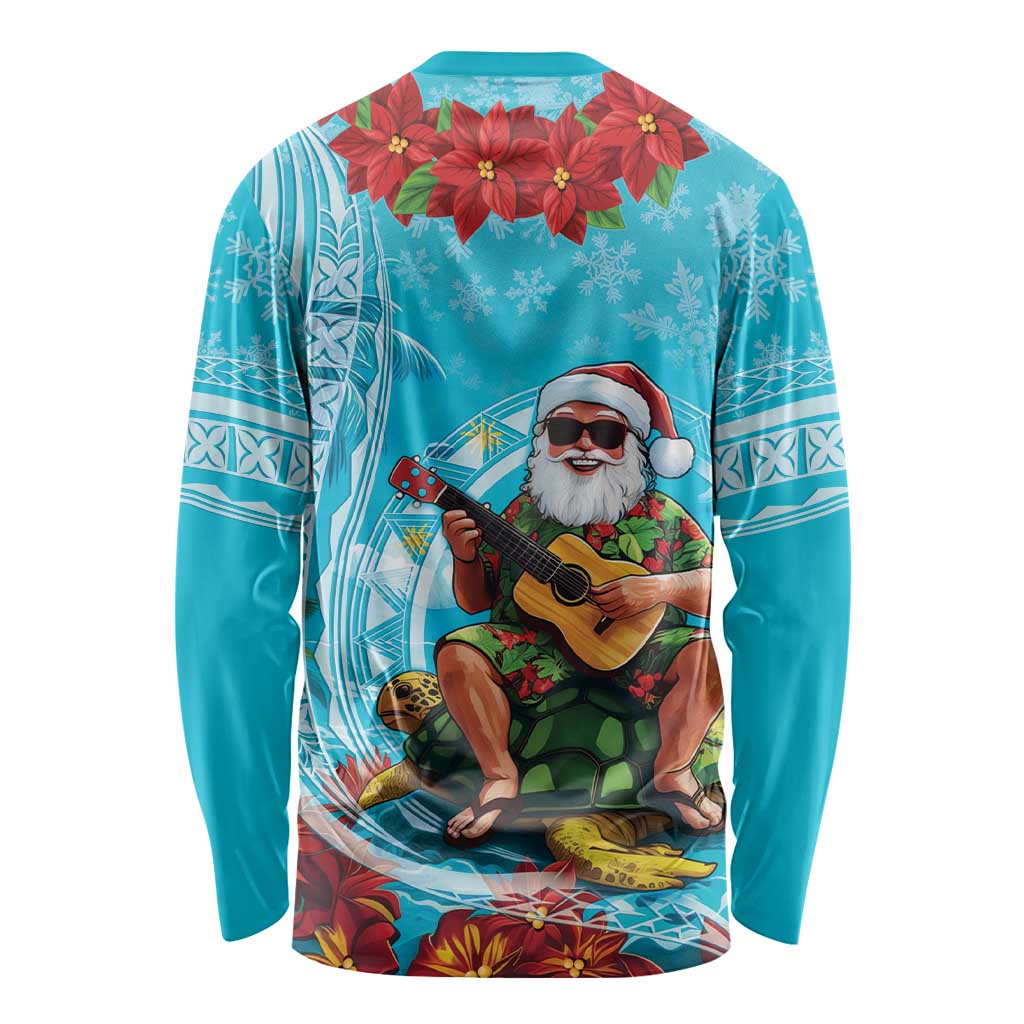 Hawaii Christmas Long Sleeve Shirt Mele Kalikimaka Poinsettia Lei Polynesian - Blue LT14 - Polynesian Pride