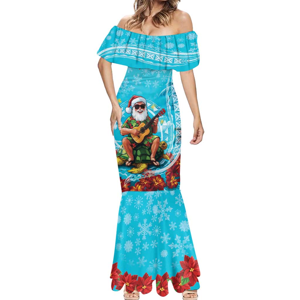 Hawaii Christmas Mermaid Dress Mele Kalikimaka Poinsettia Lei Polynesian - Blue LT14 - Polynesian Pride