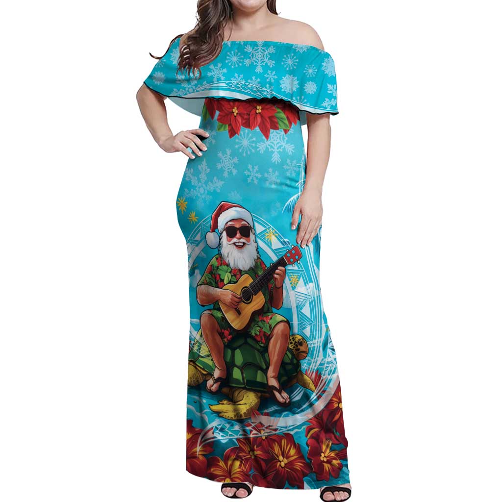 Hawaii Christmas Off Shoulder Maxi Dress Mele Kalikimaka Poinsettia Lei Polynesian - Blue LT14 Women Blue - Polynesian Pride