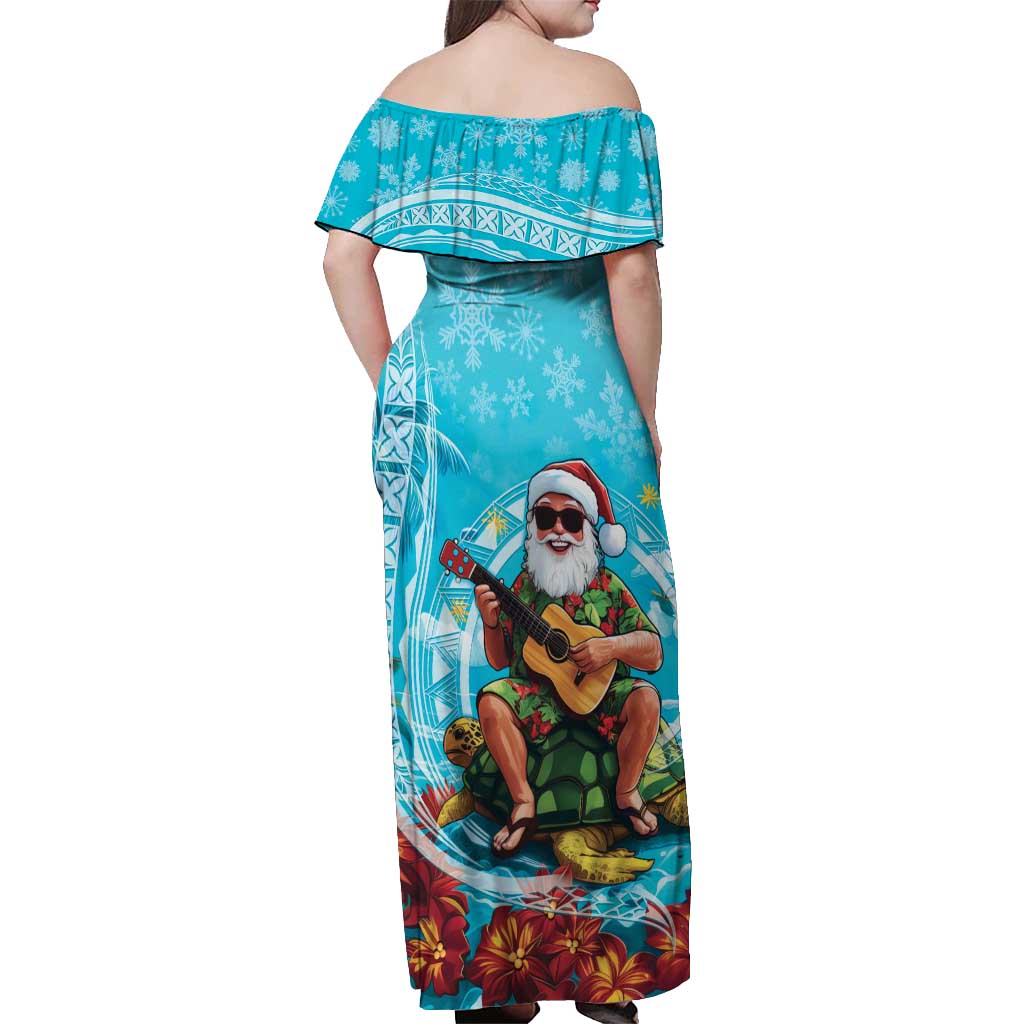 Hawaii Christmas Off Shoulder Maxi Dress Mele Kalikimaka Poinsettia Lei Polynesian - Blue LT14 - Polynesian Pride