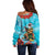 Hawaii Christmas Off Shoulder Sweater Mele Kalikimaka Poinsettia Lei Polynesian - Blue