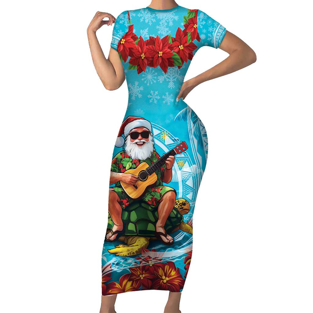 Hawaii Christmas Short Sleeve Bodycon Dress Mele Kalikimaka Poinsettia Lei Polynesian - Blue